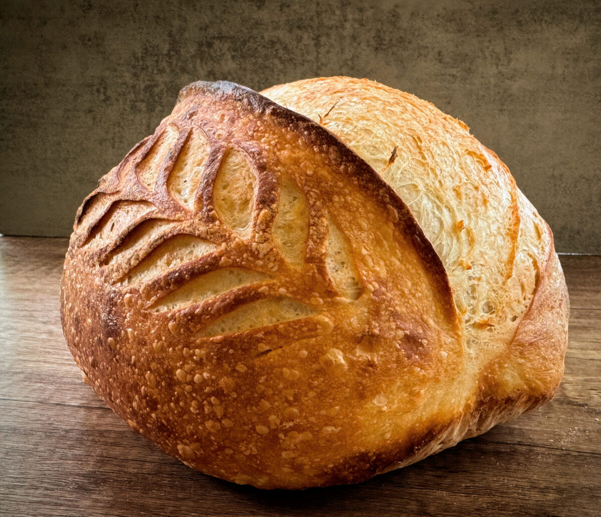 Sourdough Bread Loaf Baked with big belly and wheat stalk