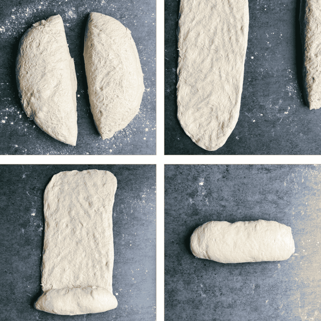 Grid of 4 pictures dough dividing, shaping into loaves
