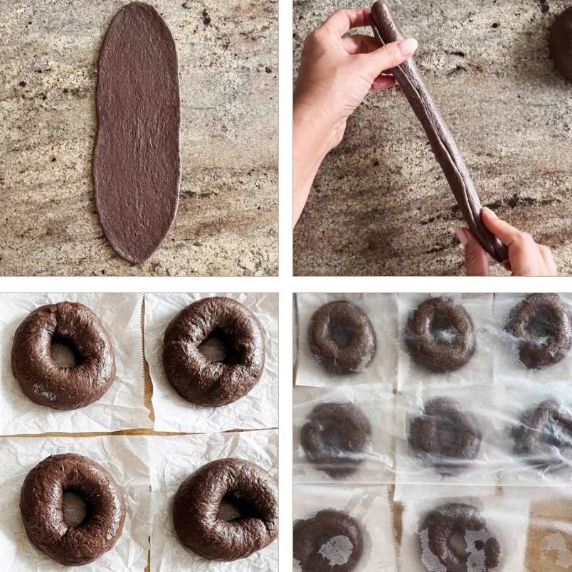 Pumpernickel bagel dough shaped into bagels