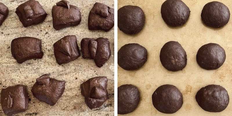 Pumpernickel bagel dough split into pieces and rolled into balls