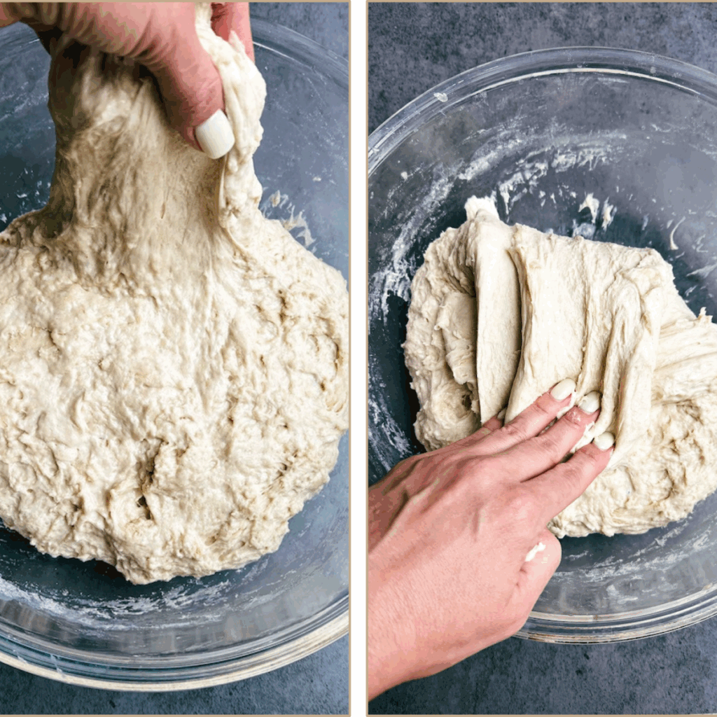 Side by side stretch dough in glass bowl and fold dough over
