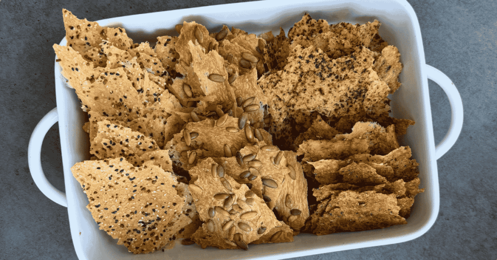 Crispy, lavash crackers different flavors in a rectangle dish